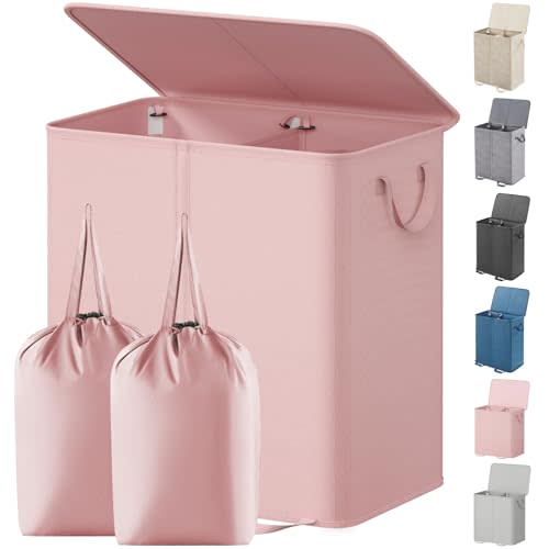 Lifewit Double Laundry Hamper with Lid, Removable Laundry Bags, Pink | Large Collapsible Laundry Baskets, 2 section Dirty Clothes Basket with Handles for Bedroom, Laundry Room, Closet, Dorm, 136L