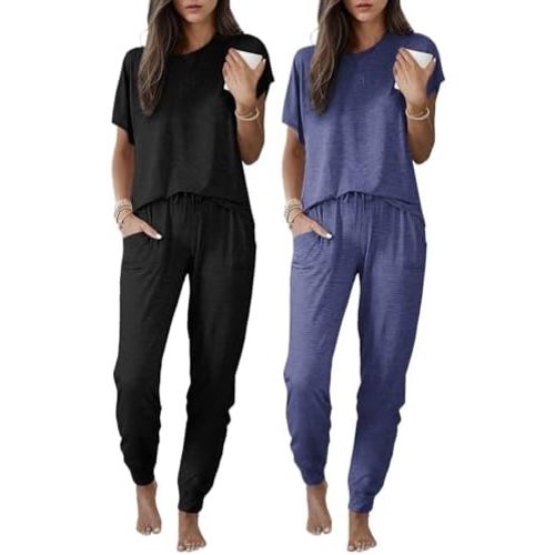 Ekouaer 2 pack Pajama Sets for Womens Jogger Pants Pjs Short Sleeves Lounge Set Soft Sleepwear with Pockets