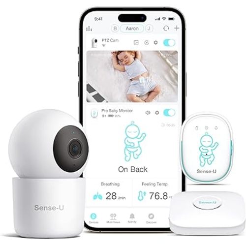 Sense-U Pro Baby Breathing Movement Monitor with 2.5K PTZ Camera: Track Breathing with Gentle Vibration, Sleep Position, Temperature Notifications, 2.5K Video, Background Audio, No Monthly Fee