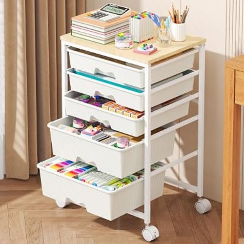 Goovilla Rolling Cart with Drawers, Utility Cart Organizer With 5 Removable Drawers and Wooden Tabletop, Lockable Rolling Storage Organizer for Art, Classroom, Home, Dorm, Office, Craft Storage, White