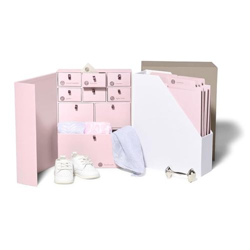 Savor I Baby Deluxe Box | Acid-Free Newborn Keepsake & Memory Organizer with 52 Labels, 9 Drawers, 8 File Folders | Gift for Pregnancy, Gift for Mom & Baby Shower, Pink, No Customization