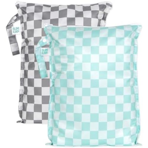 Bumkins - Larger Waterproof Wet Bag - For Baby, Travel, Swim Suit, Cloth Diapers, Pump Parts, Pool, Gym, Toiletry, Strap to Stroller - Reusable & Easy to Clean - 2pk - Gray & Mint Check