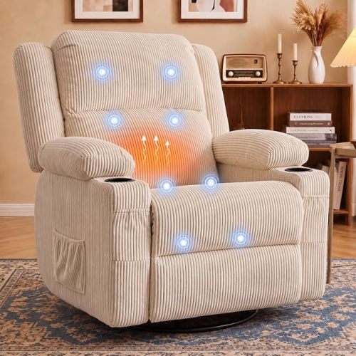 Swivel Rocker Recliner, Heat & Vibration Massage, USB Port