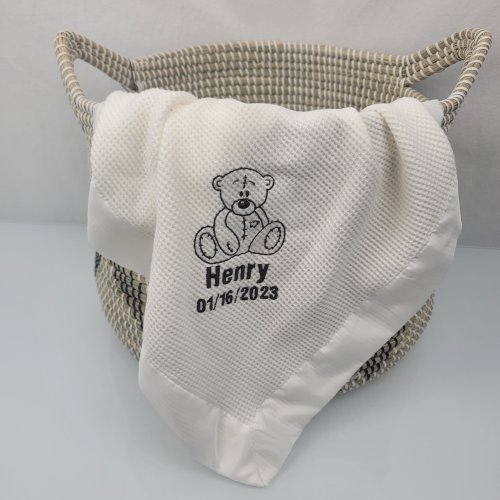 Personalized Handmade Custom Embroidered Baby Girl Boy Name Lovey Mini Blanket Newborn Gift Morgan Satin Edge Trim Thermal Knit Waffle Weave
