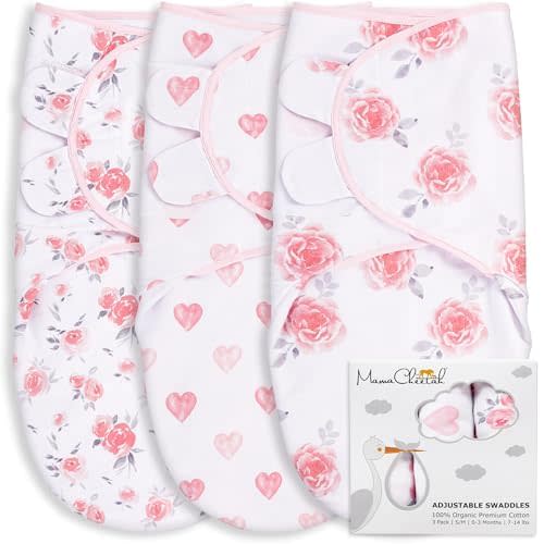 Organic Cotton Baby Swaddle Blanket Wrap, Easy Swaddle Sack Large 14-18 lb | Infant Swaddle Sleep Sack, GOTS & OEKO-TEX Certified Swaddling Wrap 3-6 Month, Boy Girl Baby Essential, 3-Pack, Mama Cheetah