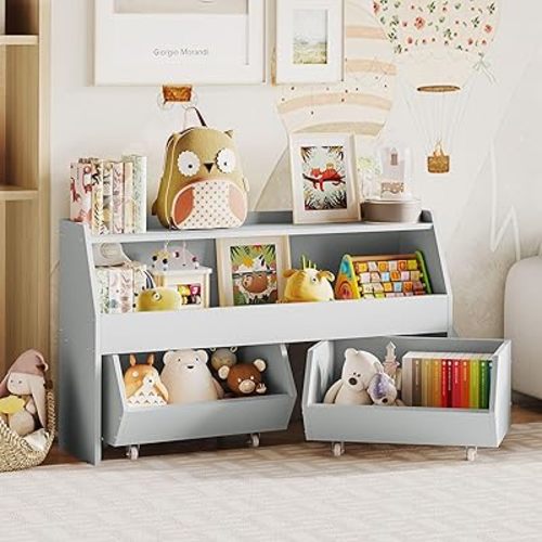 Fulhope Toy Storage Organizer for Kids, Toy Storage Cabinet with Drawers, Boys and Girls Toy Shelf with Wheels, Toy Organizer Kids Bookshelf with Storage for Nursery, Playroom, Bedroom (Light Grey)