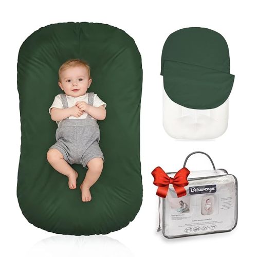 Baby Lounger for Newborn - Snuggle Cozy Me Lounger | Breathable Soft Cotton, 0-24 Months Portable Playtime Baby Nest, Newborn Baby Essentials Gifts- Moss (1 Lounger + 1 Cover)