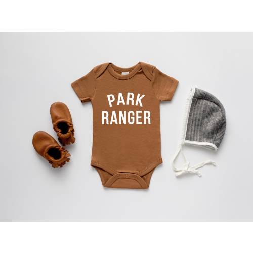 Park Ranger Organic Baby Bodysuit • Modern GOTS Certified Baby Outfit • Unique Punny Park Ranger Hand-Printed Bodysuit in Trendy Camel Brown