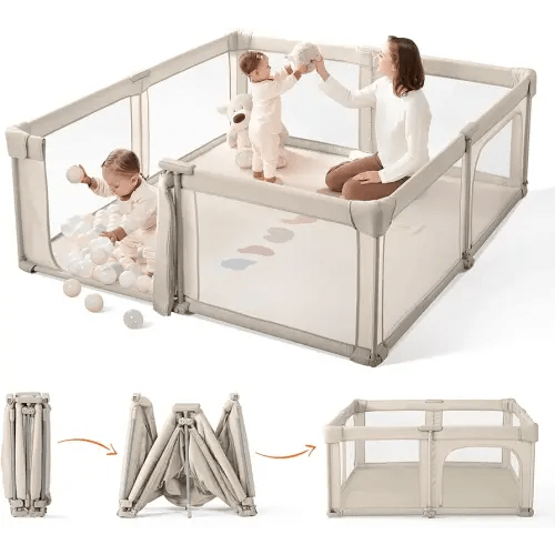Sweeby Baby Playpen, 59x59 Inch Gate Foldable for Babies and Toddlers, Extra Large with Door Play Yard for Fence Indoor and Outdoor, Light Khaki