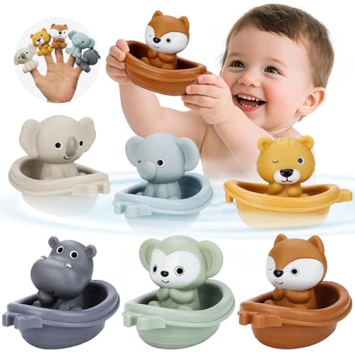 BOBOBELL Bath Toys Float Boats for Kids Ages 18M+,Stackable Floaty Boat,Animal Finger Puppets,Toddler Toys Gifts for 2-4 Year Old Baby Gifts Valentines Easter Basket