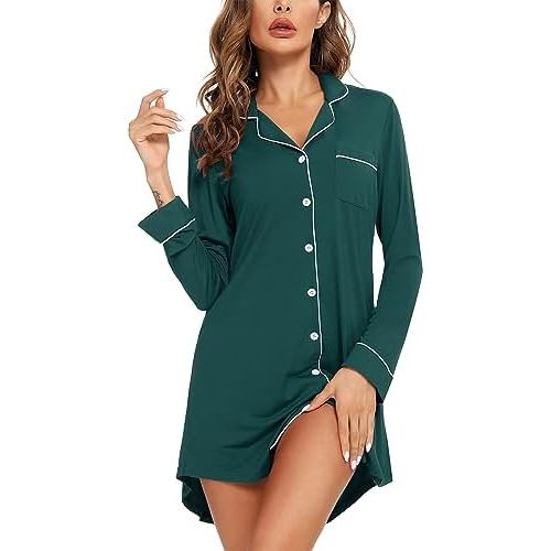 Pjmlifecoco Nightgown for Women Button Down Sleepshirt Short/Long Sleeve Nightdress Soft Modal Sleepwear S-XXL
