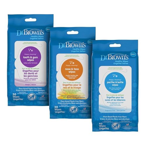 Dr. Brown's Healthy Wipes Variety Pack, Tooth and Gum, Nose and Face, Bottle and Pacifier, Cleaning Wipes, 100 count, 3-Pack Variety (Packaging May Vary)