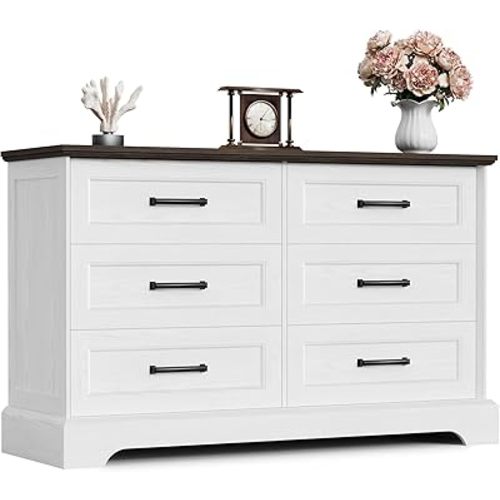 Furmax Farmhouse Dresser for Bedroom, 6 Drawers Dresser, White & Brown