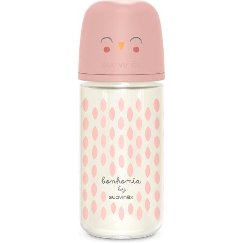 Suavinex Bonhomia Glass Baby Bottle with SX PRO Silicone Nipple, Anti Colic Baby Bottles, Baby Bottles for Breastfed Babies, Medium Flow, 3mo, 8oz, Pink