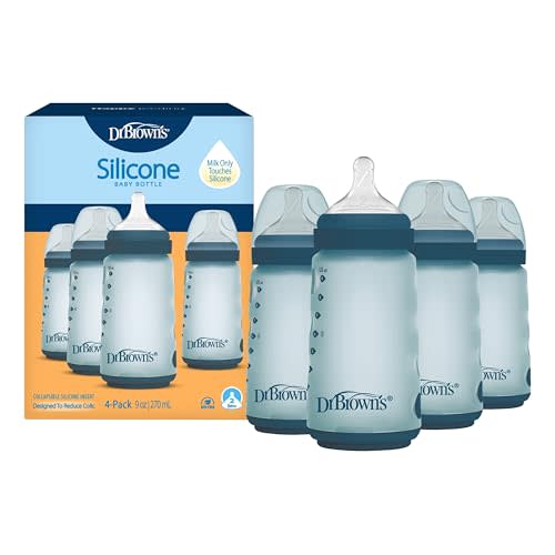 Dr. Brown's Silicone Baby Bottle with Collapsible Insert Designed to Reduce Colic, 9 oz with Wide-Neck Level 2 Medium Flow Nipple, BPA-Free, 3m+, Blue, 4-Pack