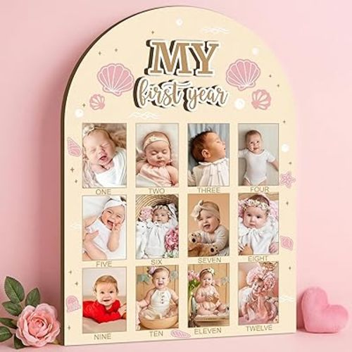 R HORSE My First Year Photo Display Wood Board - 3D Pink Seashell First Birthday Picture Frame, 12 Months Milestone Board Baby Keepsake Gift for Girl 1st Birthday Decorations Nursery Decor