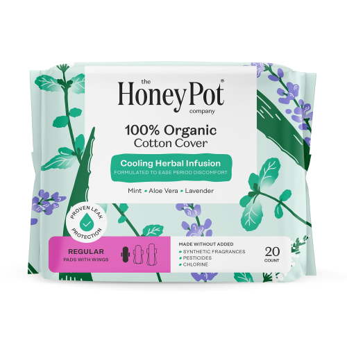 The Honey Pot Company Organic Cotton Cover Cooling Herbal Pads with Wings, 20 Count