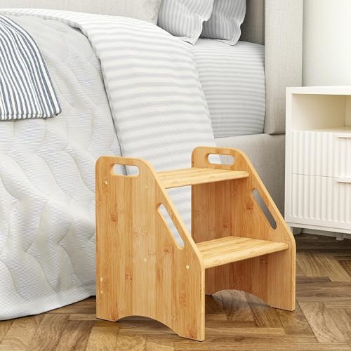AMBIRD Wooden Step Stool, Two Step Stools Toddler 300 lbs Capacity with Safety Non-Slip Pads and Handles, Bamboo Step Stool for Bathroom, Kitchen Dual Height Step Stools for Kids (Natural)