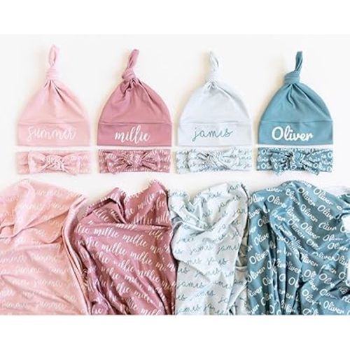 Custom Baby Name Swaddle Blanket Set with Hat,Personalized Baby Blankets,Newborn Coming Home Outfit Photo Props, Baby Name Announcement Sign,Baby Shower,Personalized Baby Gift