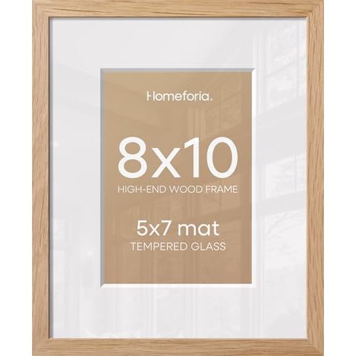 Homeforia 8 x 10 Wood Picture Frame, High End Natural Oak 8x10 Light Wooden Frames with Mat 5x7 inch Photo, 8 x 10 Frame Matted to 5 x 7 Art, Wall or Tabletop Frame, Tempered Glass, Wall Kit, Set of 1