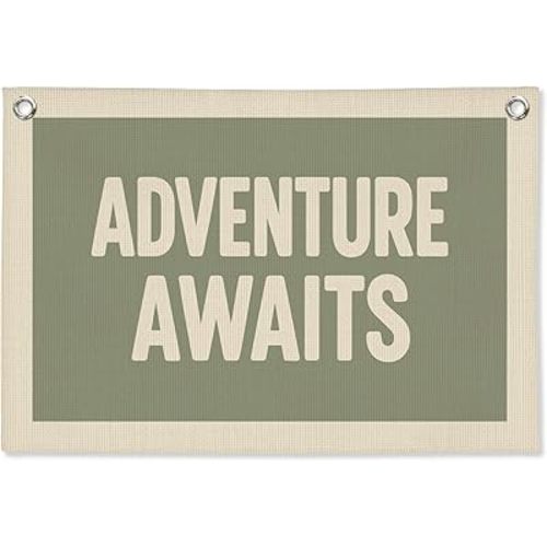 Adventure Nursery Decor, Adventure Awaits Wall Hanging Canvas Banner, Sage Green Boy Nursery Wall Decor Hanging Banner Flag for Kids Baby Boys Room Bedroom Playroom, 20x30 Inch