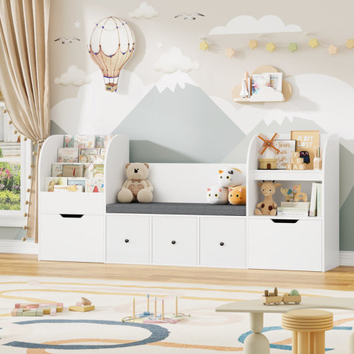 Latitude Run® 71.1"W Wood Kids Bookcase With 5 Drawers, Seat Cushion, Reading Nook & Toy Organizers | Wayfair