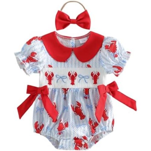 Newborn Baby Girl Outfits Crawfish Smocked Short Sleeve Romper Lobster Bow Bodysuit Shirt Summer Clothes