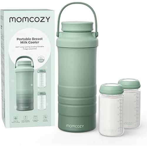 Momcozy 22oz Portable Breast Milk Cooler for Outdoor, Life Saver with 360° Total Cooling for 24 Hours, Larger Capacity Travel Breastmilk Chiller with 2pcs Baby Bottles for Breastmilk Storage, Green