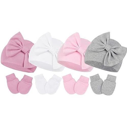 Newborn Baby Girl Hats and Mittens Set, Hospital Hat, Bow Beanie Infant Gift, Soft Cotton Gloves for 0-6 Months