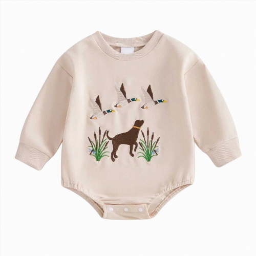 mgoYE Baby Boy Hunting Outfit Duck Embroidery Baby Romper Long Sleeve Crew Neck Bodysuit Newborn Infant Spring Fall Clothes(Beige,3-6 Months)
