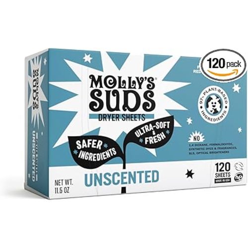 Molly's Suds Fabric Softener Dryer Sheets for Sensitive Skin | Plant-Based Static Reducer, Plastic-Free Packaging | Unscented (120 Sheets)
