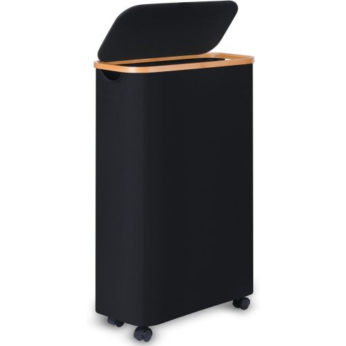 Slim Laundry Basket with Wheels,Narrow Hampers for Laundry,Freestanding Laundry Hamper with Lid&Bamboo Handles,Collapsible & Waterproof Tall Cloth Hamper for Dorm Family(60L Black)