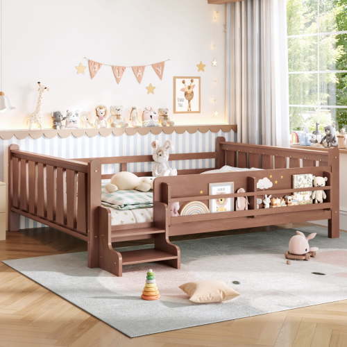 Luckynote Queen Size Floor Bed with Storage Bookcases, Solid Wood Floor Bed with Cute Stairs and Guardrails, No Box Spring Needed, Natural