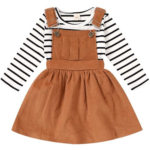 YOUNGER TREE Toddler Baby Girl Fall Outfit Long Sleeve Stripe T-Shirt and Strap Dress Overall with One Pocket Clothes Sets