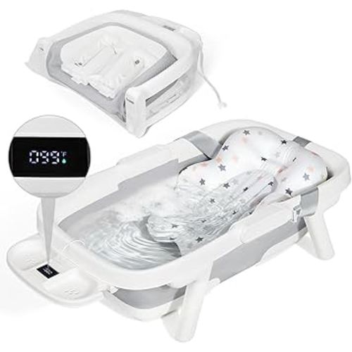 Orzbow Collapsible Baby Bathtub, Large Baby Bath Tub for Newborn with Soft Cushion & Thermometer, Travel Portable Baby Tubs for Infants to Toddler 0-36 Months, Gray
