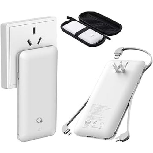 Portable Charger with Built-in Cables and AC Wall Plug,Slim USB C Power Bank 10000mAh,External Battery Pack Compatible with iPhone,Samsung,Tablet and All Smart Phones …
