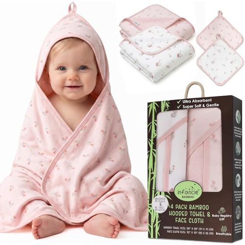 Bamboo Viscose Rich Hooded Baby Towels with Washcloths – 2 Hooded Towel (28x28 inches) & 2 Washcloth (10x10 inches) – Ultra Soft, Absorbent & Cozy Cotton Bath Towels for Newborns & Infants
