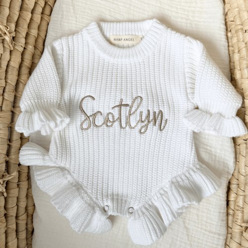 White Organic Cotton Knit Ruffle Baby Romper | Personalized