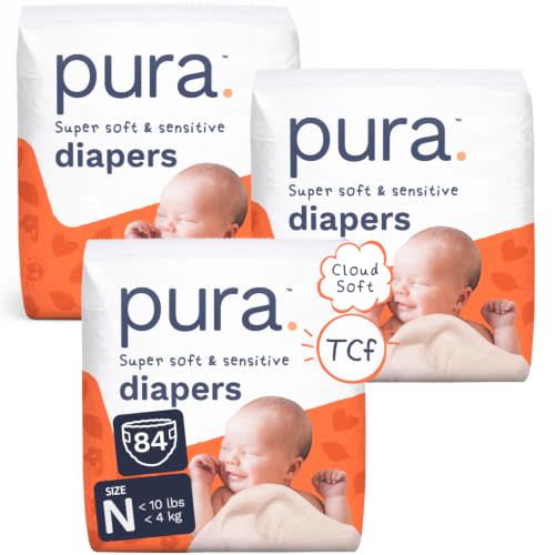 Pura Baby Diapers Newborn (Up to 10 lbs) 84 Count Sensitive Skin | Cloud Soft, Totally Chlorine Free*, Wetness Indicator, Umbilical Cutout, Allergy UK Certified