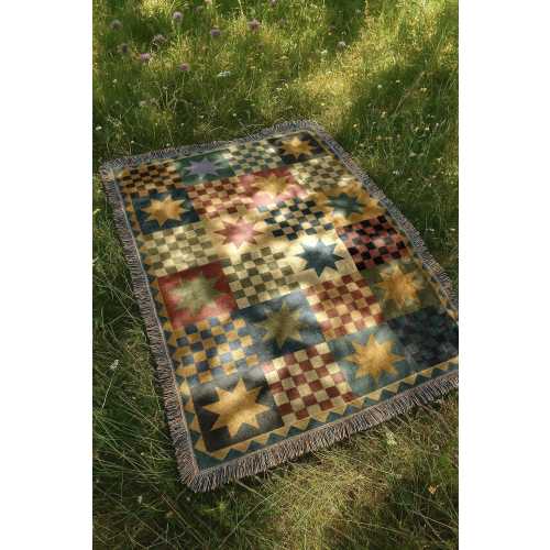 Farmhouse Checkered Blanket | Rustic Country Folk Tapestry Throw Blanket | Boho Vintage Home Decor Woven Blanket