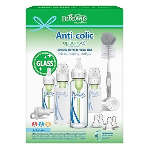 Dr. Brown's Anti-Colic Options+ Narrow Glass Baby Bottle Starter Set with Level 1, 2, and 3 Nipples, Silicone Sleeves, Soft-Touch Brush, Travel Caps, and HappyPaci, 0m+ (Packaging May Vary)