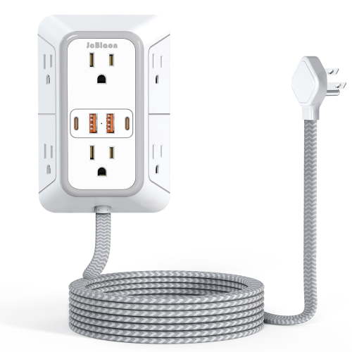 Outlet Extender Surge Protector Power Strip with 5Ft Braided Extension Cord 6 Outlets 4 USB (2 USB C) Charging Ports Flat Plug Wall Mount Desk Charging Station for Home Office
