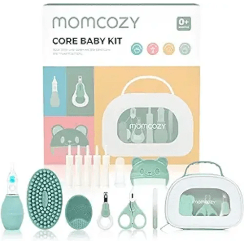 Momcozy Core Baby Kit, Baby Shower & Registry Gifts, Newborn Basic Kit for Grooming & Health & Cleansing, Nail File Kits, Nasal Aspirator, Gas Relief Tubes, Bath Brushes, Toothbrush,Comb,Storage Case
