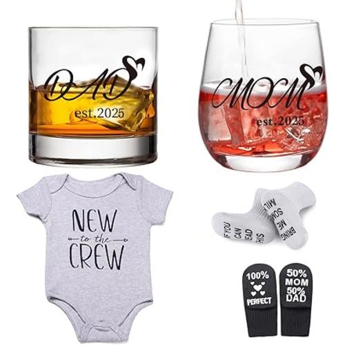 Pregnancy Gifts for First Time Moms – Mom and Dad Est 2025 11 oz Whiskey Glass Gift Set with Romper (0-3 Months) and Baby Socks - Top New Parents Gifts for Mom and Dad to Be - Baby Shower