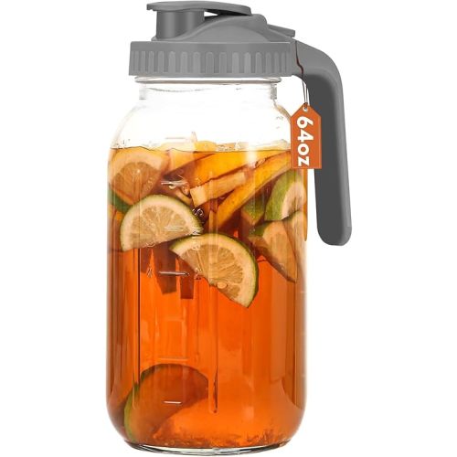 Glass Pitcher with Lid, 64 OZ Mason Jar Pitcher Double Leak Proof, 2 Quart Breast Milk Storage Containers for Fridge, Wide Mouth Glass Jar for Sun Tea, Juice, Cold Brew Coffee