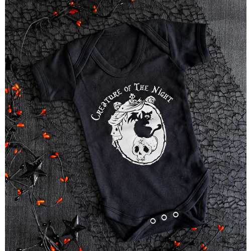 Creature of the Night Baby Vest – Goth Baby Clothes – Black Cat Baby Grow – Spooky Halloween Baby Outfit – Cute & Creepy Baby Shower Gift