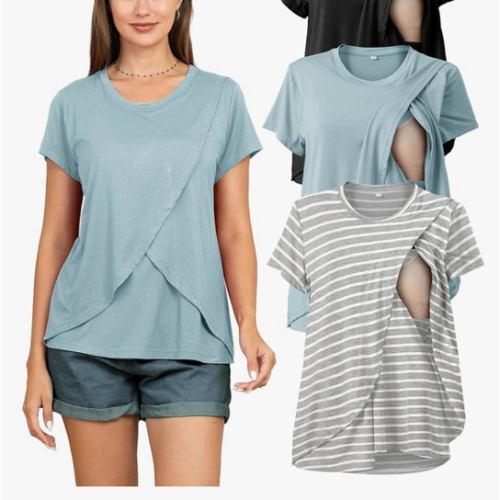 Rnxrbb 3 Pack Women's Nursing Tops for Breastfeeding Summer Short Sleeve T Shirts Postpartum Double Layer Clothes