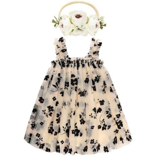 Toddler Baby Girl Tutu Dress Sleeveless Floral Print Tulle Dress Little Girl Princess Dresses with Flower Headband