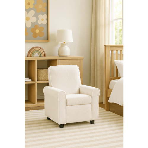 Olive & Opie Jordan Kids/Toddler Recliner Chair - Push Back Lounge Sofa for Boys & Girls Age 3+, Soft Wooly White