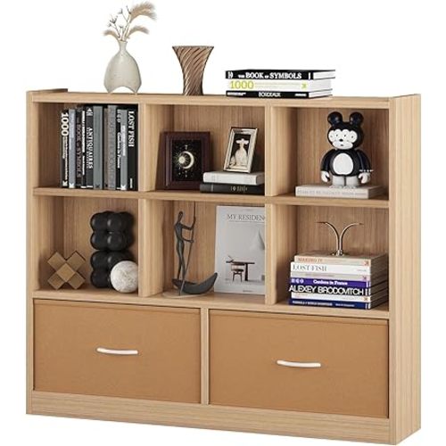 Cube Bookshelf Storage Organizer Bookcase,8 Cube Open Mid-Centur Shelf,Freestanding Display Bookshelve, Modern Wide Kids Toy Shelf with Drawers for Bedroom Living Room Office (Natural)